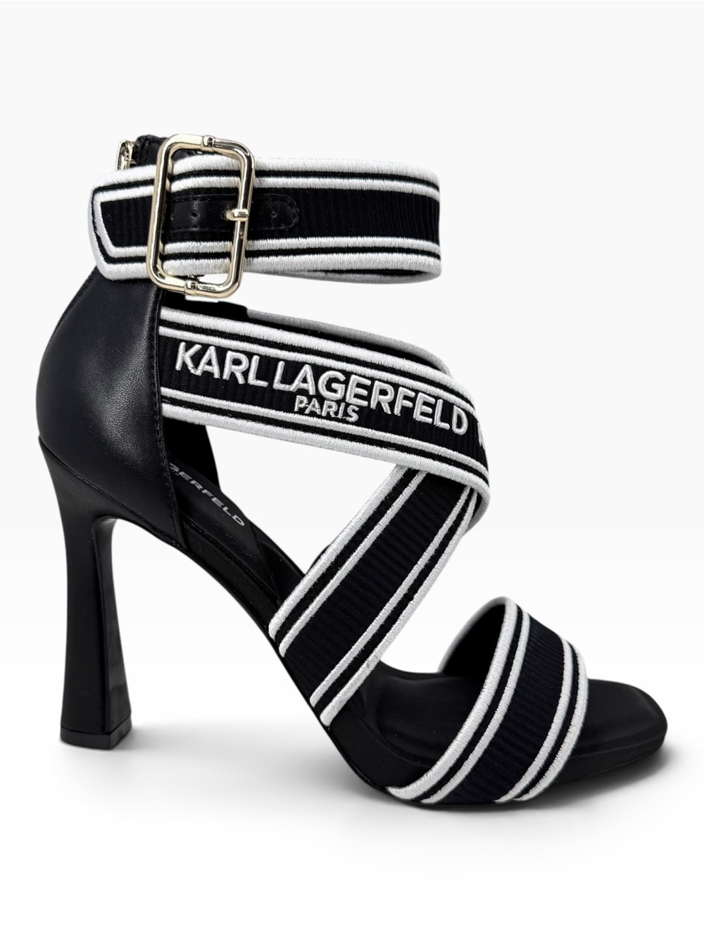KARL LAGERFELD PARIS Women's Careliz Strappy Heels Black Bright White Size 8M